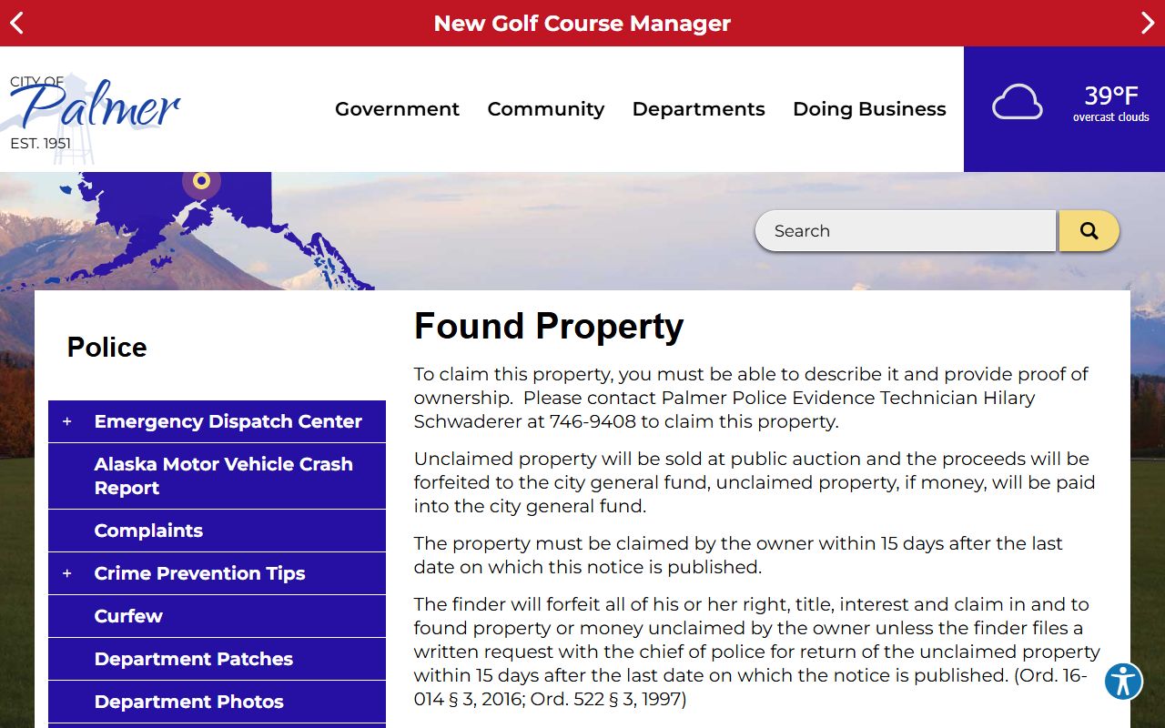 Palmer unclaimed money found property page