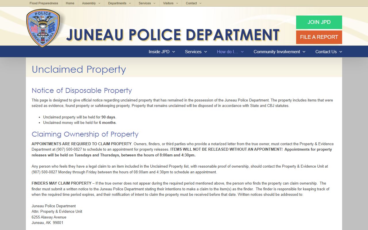 Juneau unclaimed money police unclaimed property page