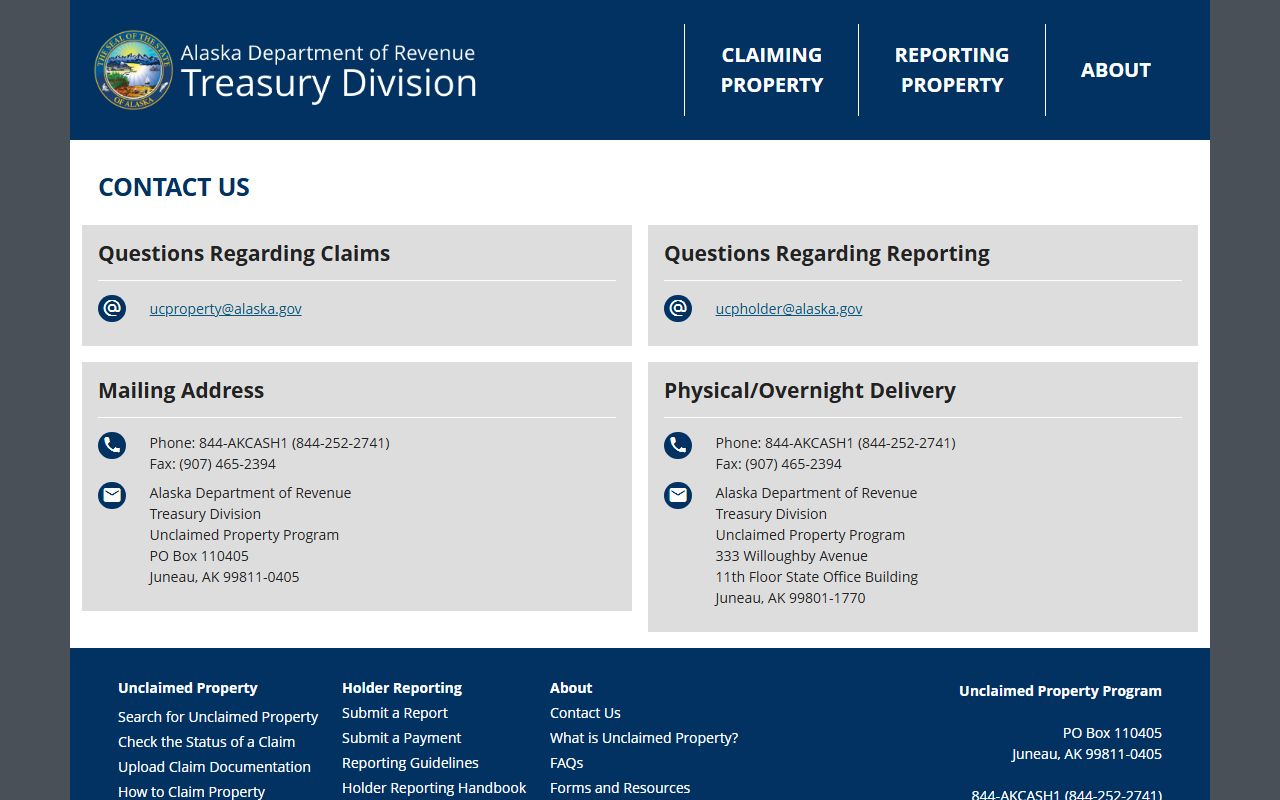 Alaska unclaimed money contact page