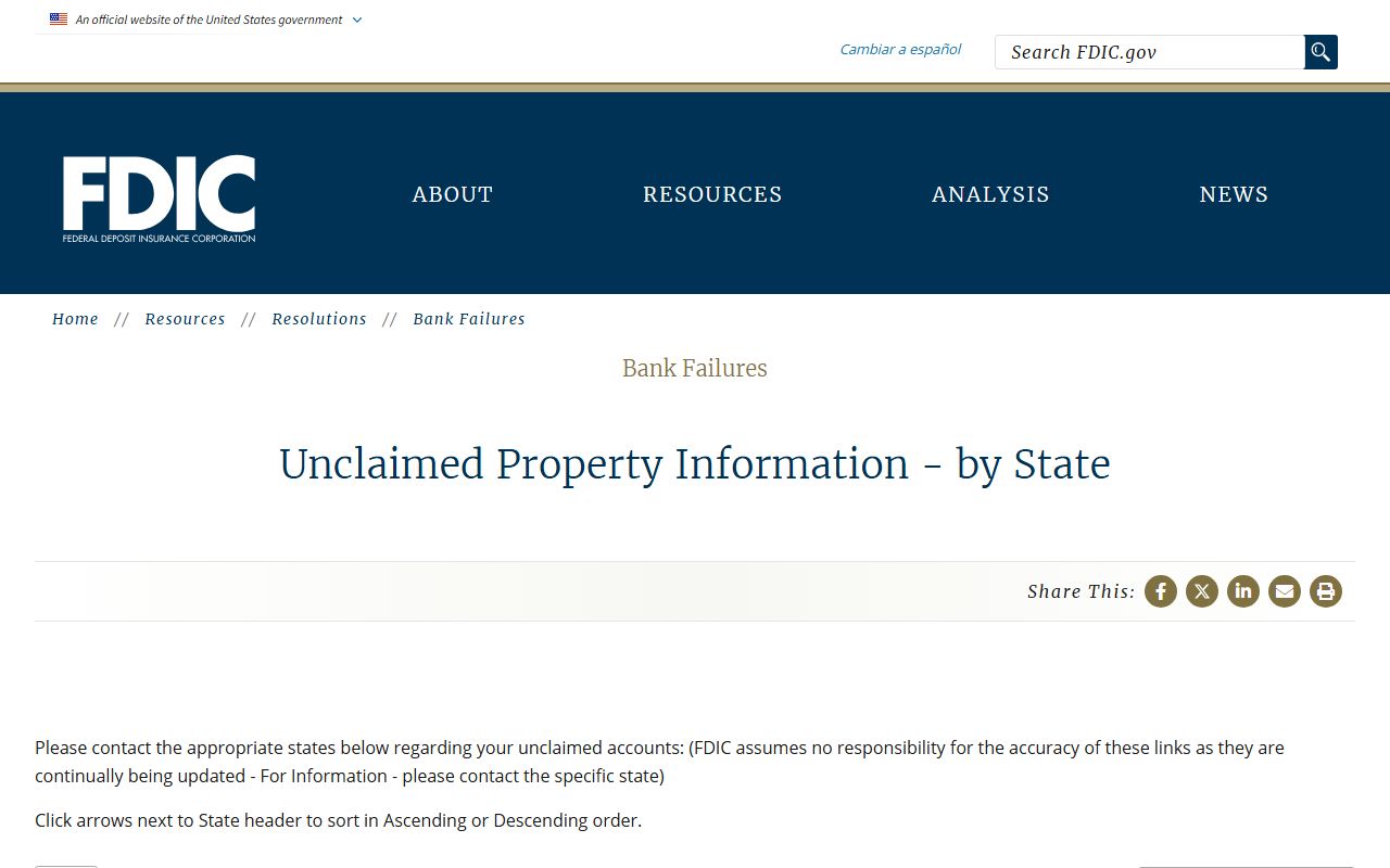 Alaska unclaimed money FDIC state directory