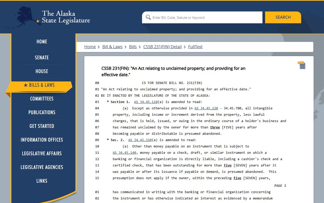 Alaska unclaimed money Senate Bill 231 statute reference